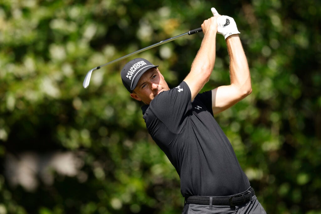 Jordan Spieth hits a tee shot during a practice round ahead of the Wyndham Championship at Sedgefield