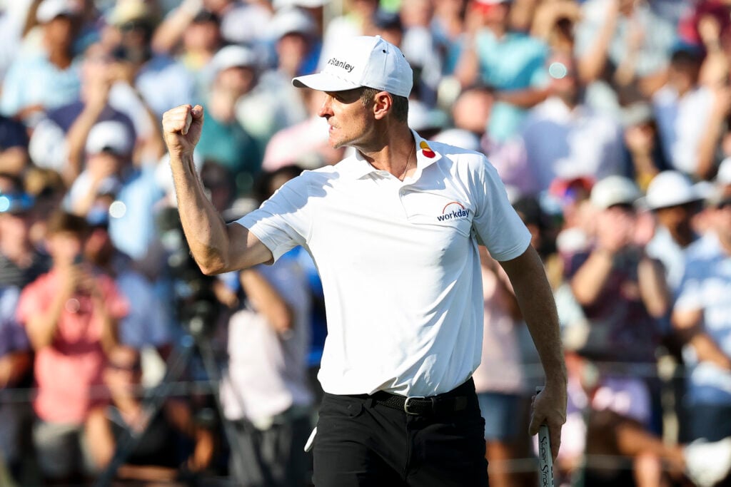 Justin Rose celebrates making a birdie in the playoff of the FedEx St. Jude Championship