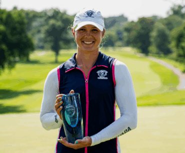 Leah John celebrates her first professional victory from the Epson Tour at the Four Winds Invitational. (Credit: Epson Tour)