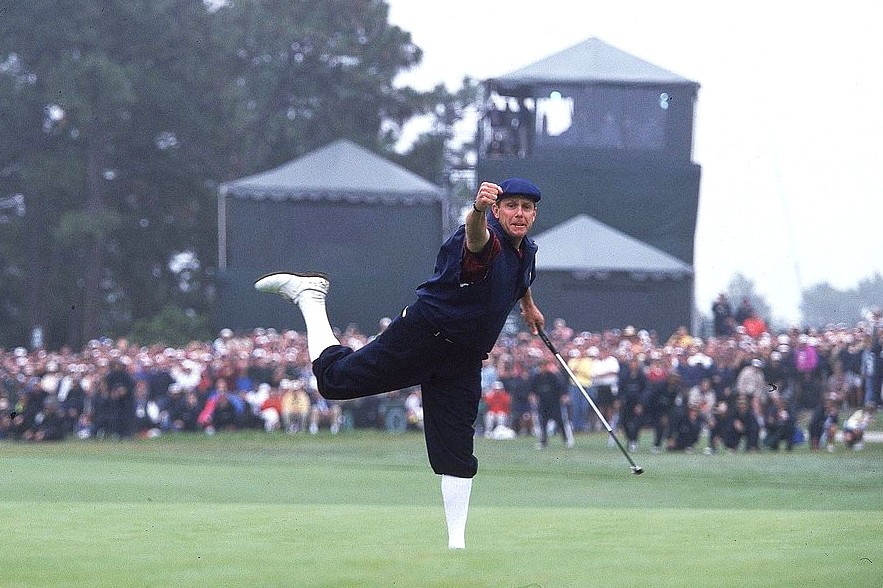 Payne Stewart's iconic celebration after winning the 1999 US Open as he punches the air and stands on one foot