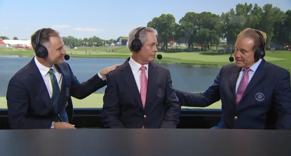 Three men in suits and headsets sitting at a desk, broadcasting from a golf course.
