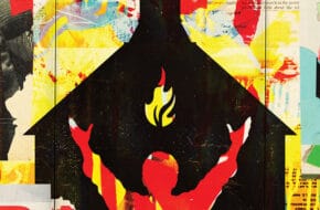 Illustration of a man lifting his arms in prayer outside of a church.