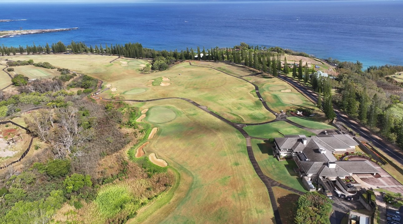 This photo taken Aug. 18, 2025, shows the Plantation Course at Kapalua. The 18th hole fairway and green are in the middle, the first hole tee and fair are to the right, makai of the Plantation House reataurant and clubhouse building on the roght. Courtesy photo