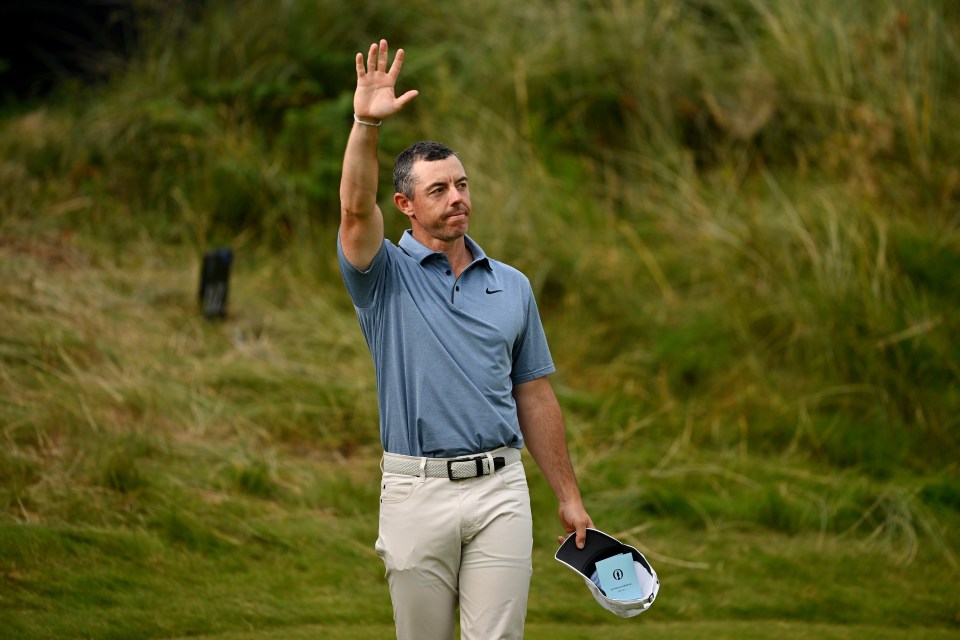 PORTRUSH, NORTHERN IRELAND - JULY 20: Rory McIlroy of Northern Ireland acknowledges the crowd on the 18th green during Day Four of The 153rd Open Championship at Royal Portrush Golf Club on July 20, 2025 in Portrush, Northern Ireland. (Photo by Oisin Keniry/R&A/R&A via Getty Images)
