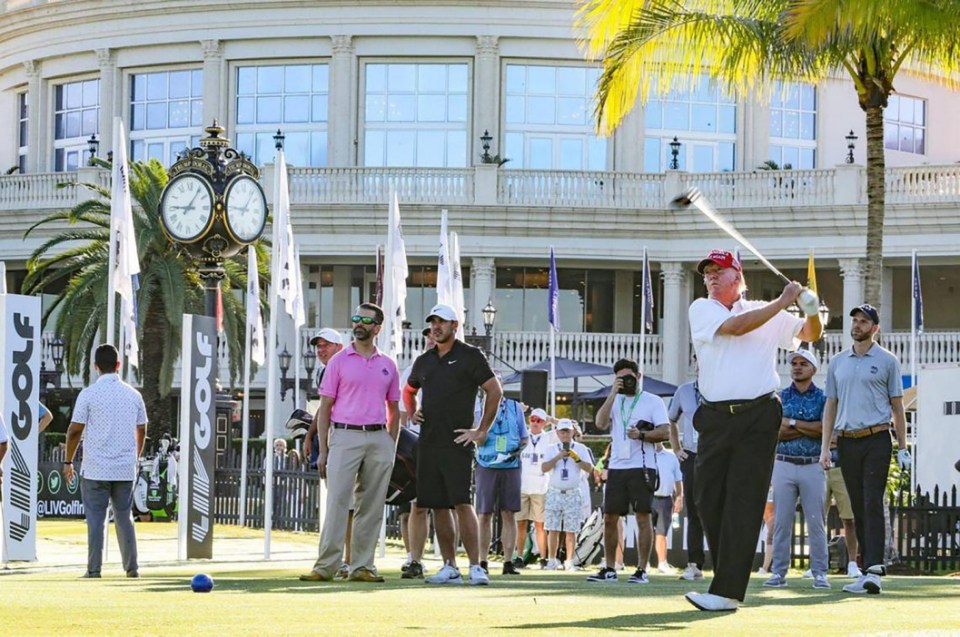Former President Donald Trump tees off during the LIV Golf Miami Team Championship Pro-Am Tournament at Trump National Doral Golf Club in Doral on Thursday, October 27, 2022. (Al Diaz/The Miami Herald/Tribune News Service via Getty Images)