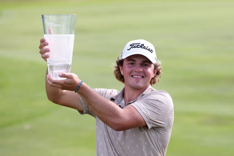 Oihan Guillamoundeguy from France celebrates with the Irish Challenge trophy at Killeen Castle Golf Club in Dunsany. Photograph: Patrick Bolger/Getty Images