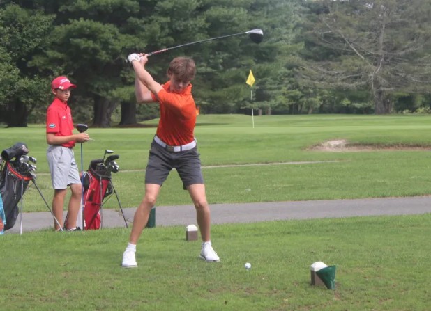 Tunkhannock's Mason Berkheimer drives off the tee last season against Hazleton Area. EXAMINER FILE PHOTO