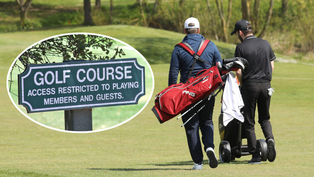 Two golfers walking down a fairway and a Golf Course sign showing that access is restricted to playing members and guests