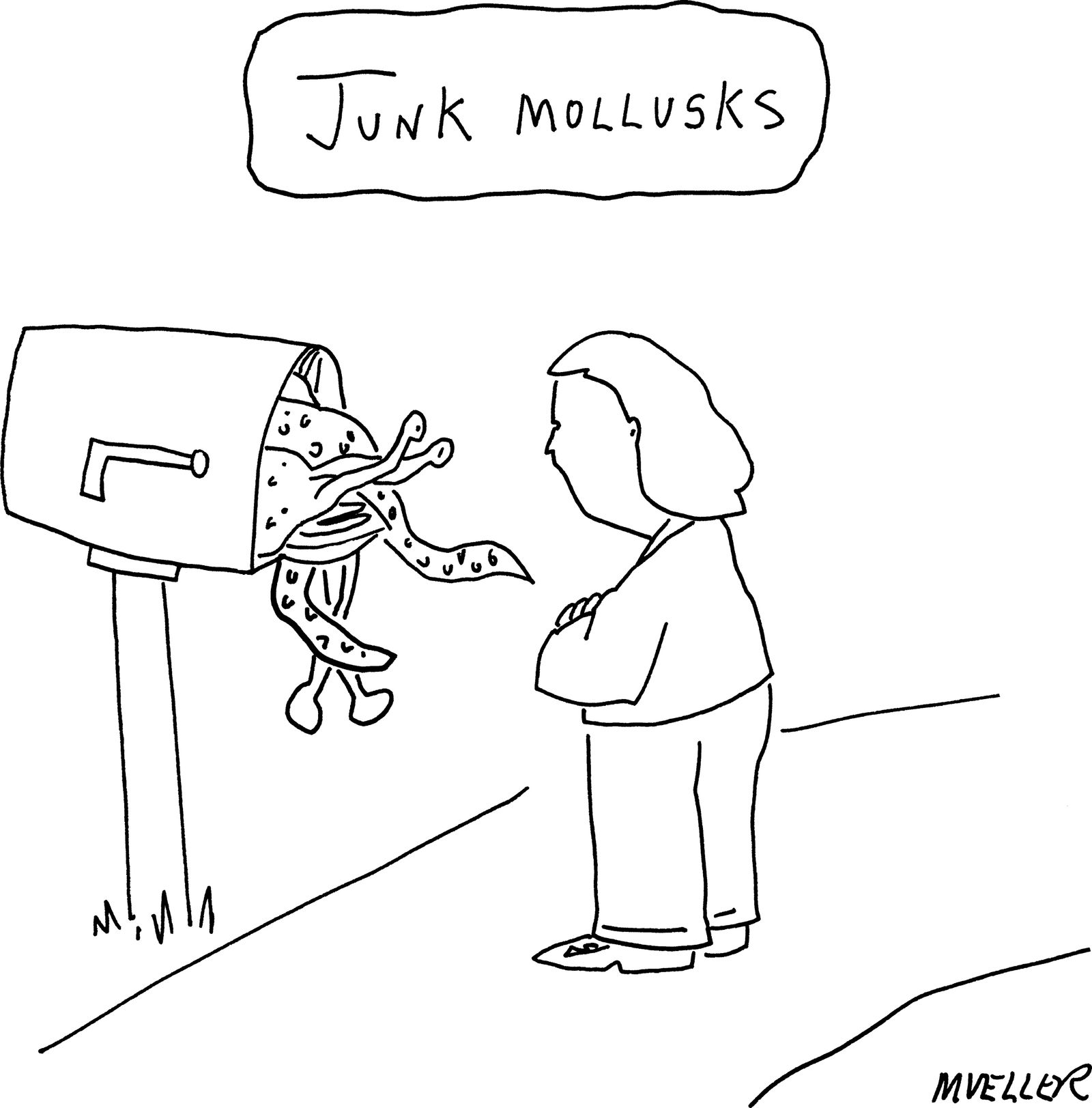 Person opens mailbox and finds large mollusks inside.