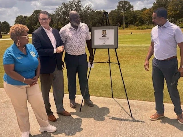 Unveiling a plaque commemorating the addition of the Brentwood Golf Course as the 50th facility on the Florida Historic Golf Trail on Aug. 20, 2025 are (from the left) Jacksonville City Councilwoman Ju'Coby Pittman (District 10), Florida Secretary of State Cord Byrd, Brentwood General Manager Monty Duncan and Jacksonville Director of Parks, Recreation and Community Services Daryl Joseph.