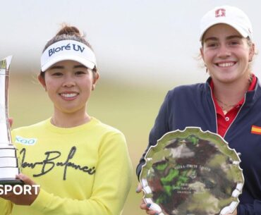 Miyu Yamashita, the winner, and leading amateur Paula Martin Sampedro pose with their trophies on day four of the 2025 AIG Women's Open at Royal Porthcawl