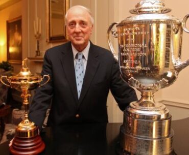 Rees Jones pictured with the Ryder Cup and Wanamaker Trophy, awarded to the winner of the PGA Championship. The Black Course at Bethpage State Park will host the 2025 Ryder Cup.
