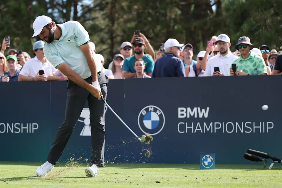 Scottie Scheffler of the United States plays his shot from the fourth tee during the third round of the BMW Championship at Castle Pines Golf Club on August 24, 2024 in Castle Rock, Colorado.