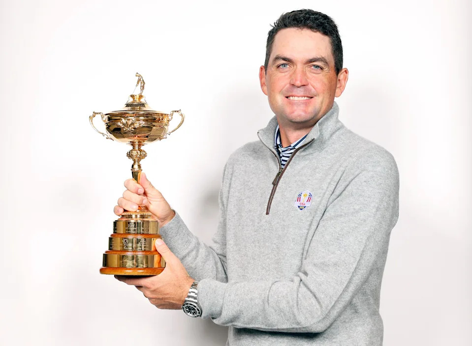 Keegan Bradley poses with the Ryder Cup Trophy during the Ryder Cup 2024 Year to Go Media Event at The Langham Hotel in New York.