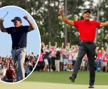 Tiger Woods celebrates winning the 2019 Masters with an inset of Phil Mickelson winning the 2021 PGA Championship