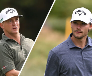 (Left) Alex Noren looks on after a shot while Nicolai Hojgaard (right) waves to the crowd at the 2025 British Masters