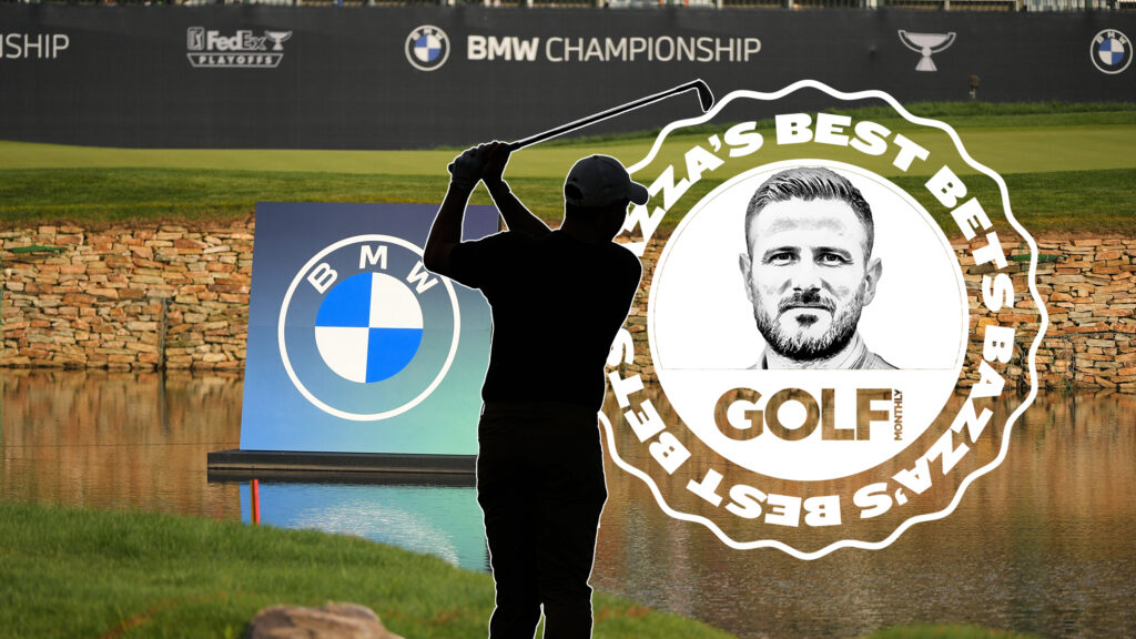 Bazza's best bets logo inset over an image of BMW Championship 2025 host venue, Caves Valley Golf Club, with another inset image of a silhouette of Bazza's Best Bet to win the BMW Championship 2025, Rory McIlroy