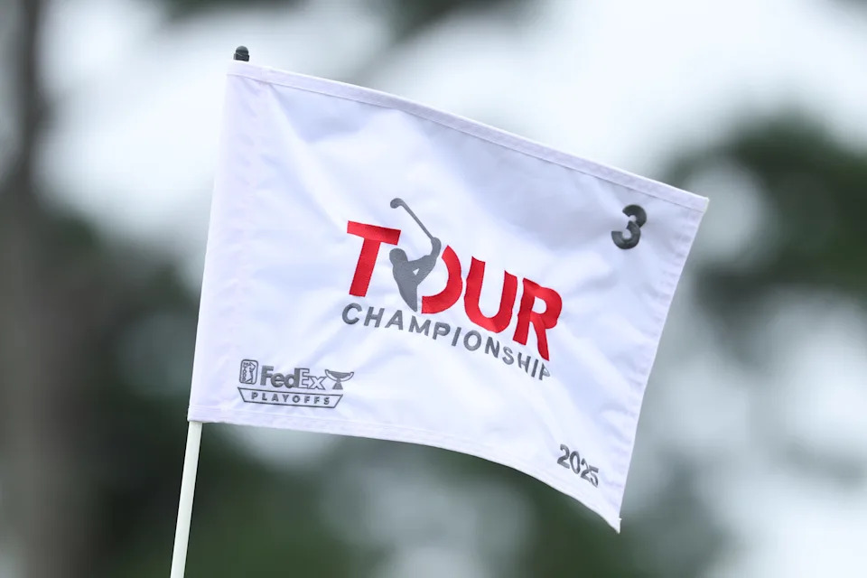 A detailed view of the flag on the on the third green during the second round of the TOUR Championship 2025 at East Lake Golf Club on August 22, 2025 in Atlanta, Georgia.