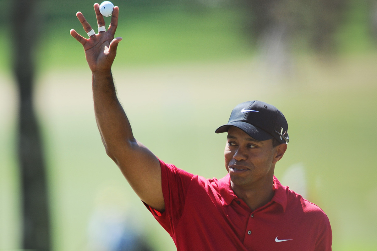Tiger Woods celebrating eagle on the 7th hole at the 2010 Masters at Augusta National