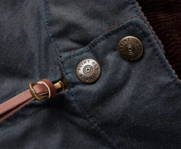 the collar of a Flint and Tinder waxec harrington jacket
