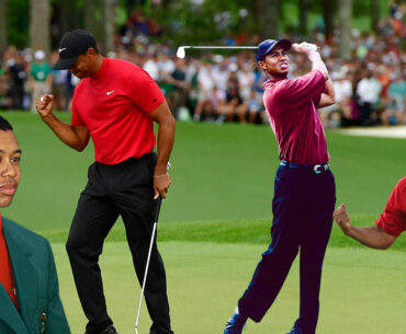 Tiger Woods over the years, from 1997 to 2019, playing at The Masters at Augusta National Golf Club with his iconic red top worn on Sundays