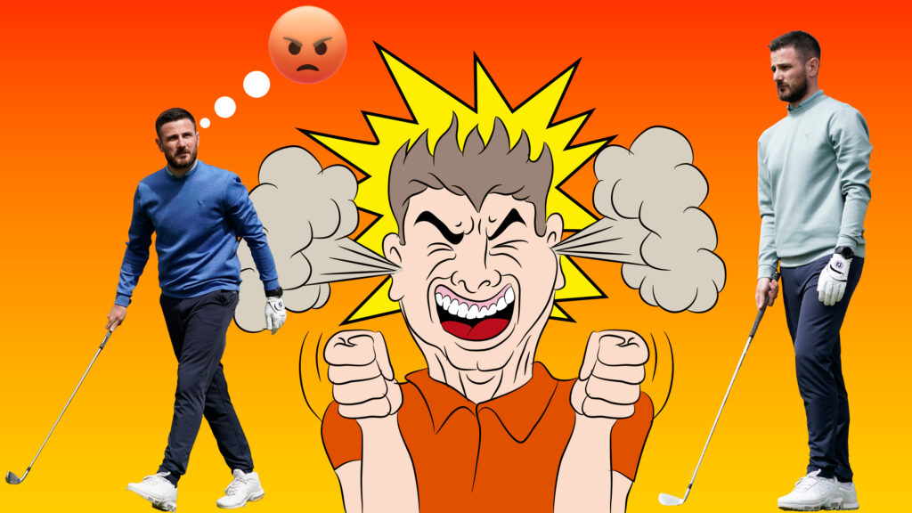 A graphic of an angry golfer with steam coming out of his ears, clenched fists, on a red and orange background to signify rage. Also two inset images of Baz Plummer looking unimpressed on a golf course