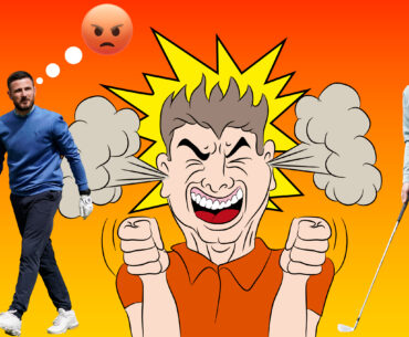 A graphic of an angry golfer with steam coming out of his ears, clenched fists, on a red and orange background to signify rage. Also two inset images of Baz Plummer looking unimpressed on a golf course