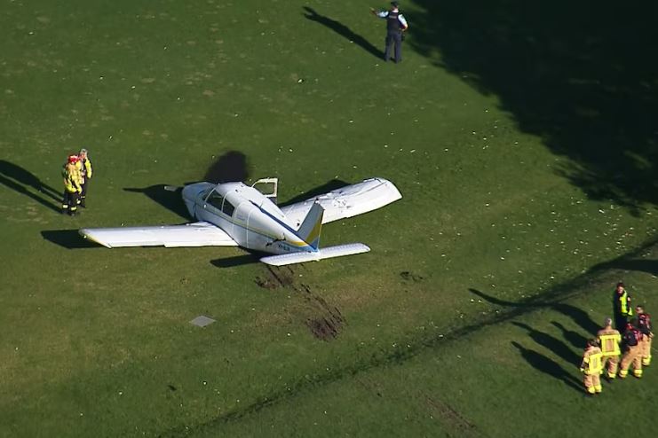 Small plane crash-landed on a golf course.