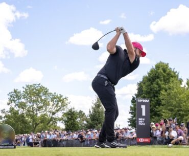 Tyrrell Hatton, of Legion XIII, hits from the first tee during the final round of LIV Golf Team Championship Michigan at The Cardinal at Saint John