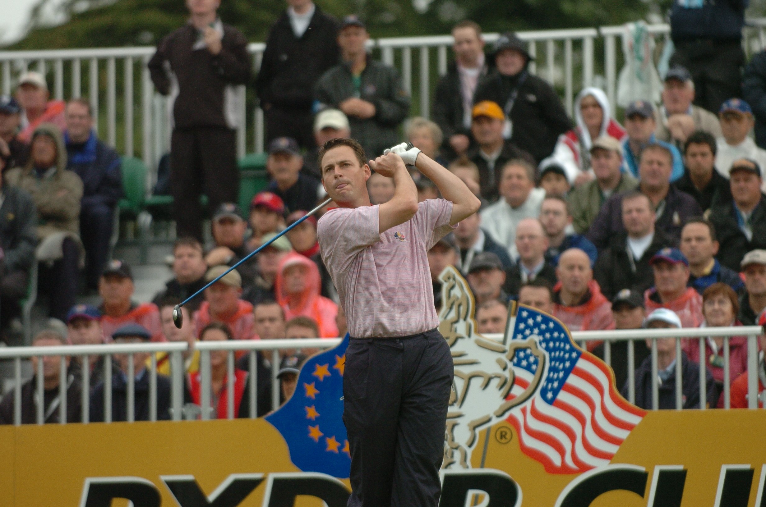 David Howell hits his tee shot in the Sunday Singles match at the 2006 Ryder Cup