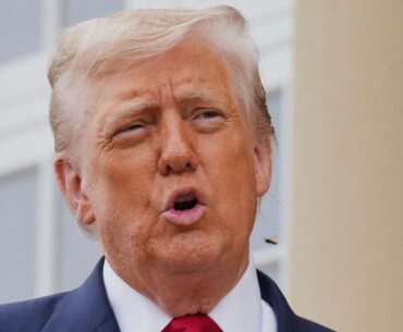 An insect hovers near President Donald Trump as he speaks with the media during an official greeting with Britain's Prime Minister Keir Starmer and his wife Victoria at the Trump Turnberry golf course in Turnberry, Scotland Monday, July 28, 2025. (AP Photo/Jacquelyn Martin)