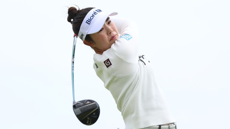 Japan's Miyu Yamashita teeing off on the 3rd on day three of the 2025 AIG Women's Open at Royal Porthcawl