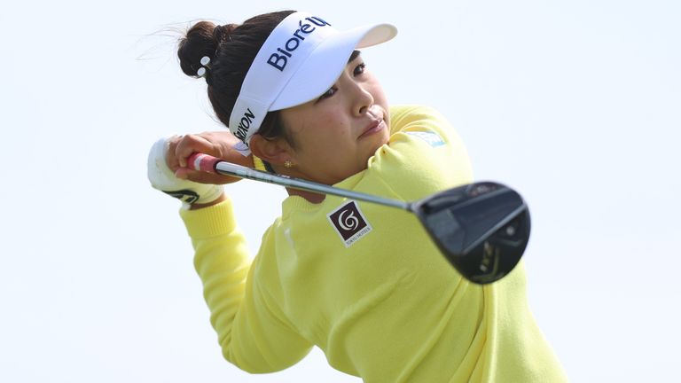 Japan's Miyu Yamashita tees off on the 3rd on day four of the 2025 AIG Women's Open at Royal Porthcawl