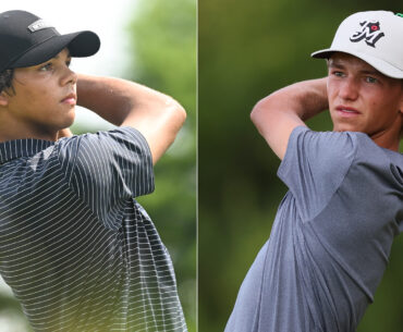 Charlie Woods hits an iron shot, Miles Russell hits a driver off the tee