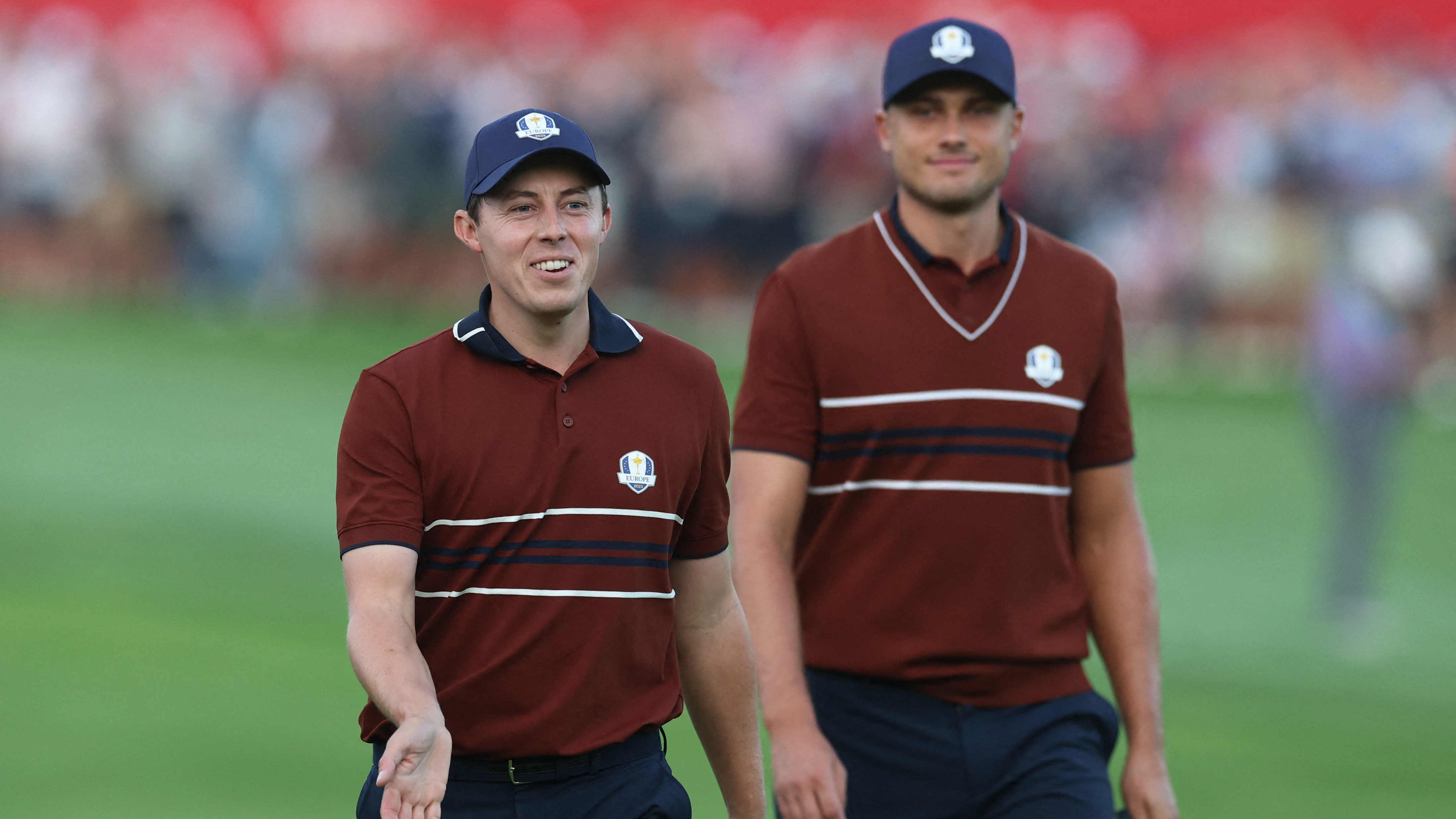 Matt Fitzpatrick and Ludvig Aberg of Team Europe on the first hole during the foursomes at the 2025 Ryder Cup.