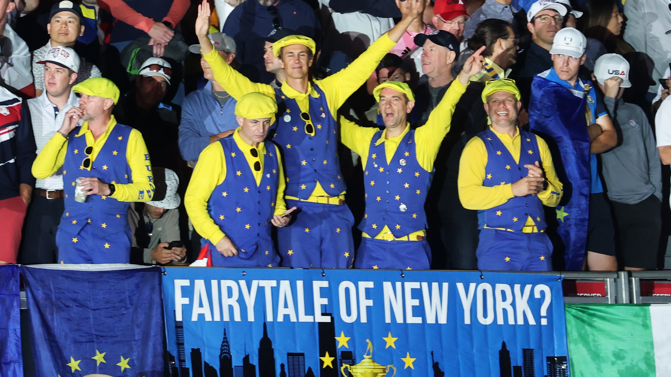 Fans gathered in the first tee grandstand prior to the Ryder Cup 2025 Friday morning foursomes matches.