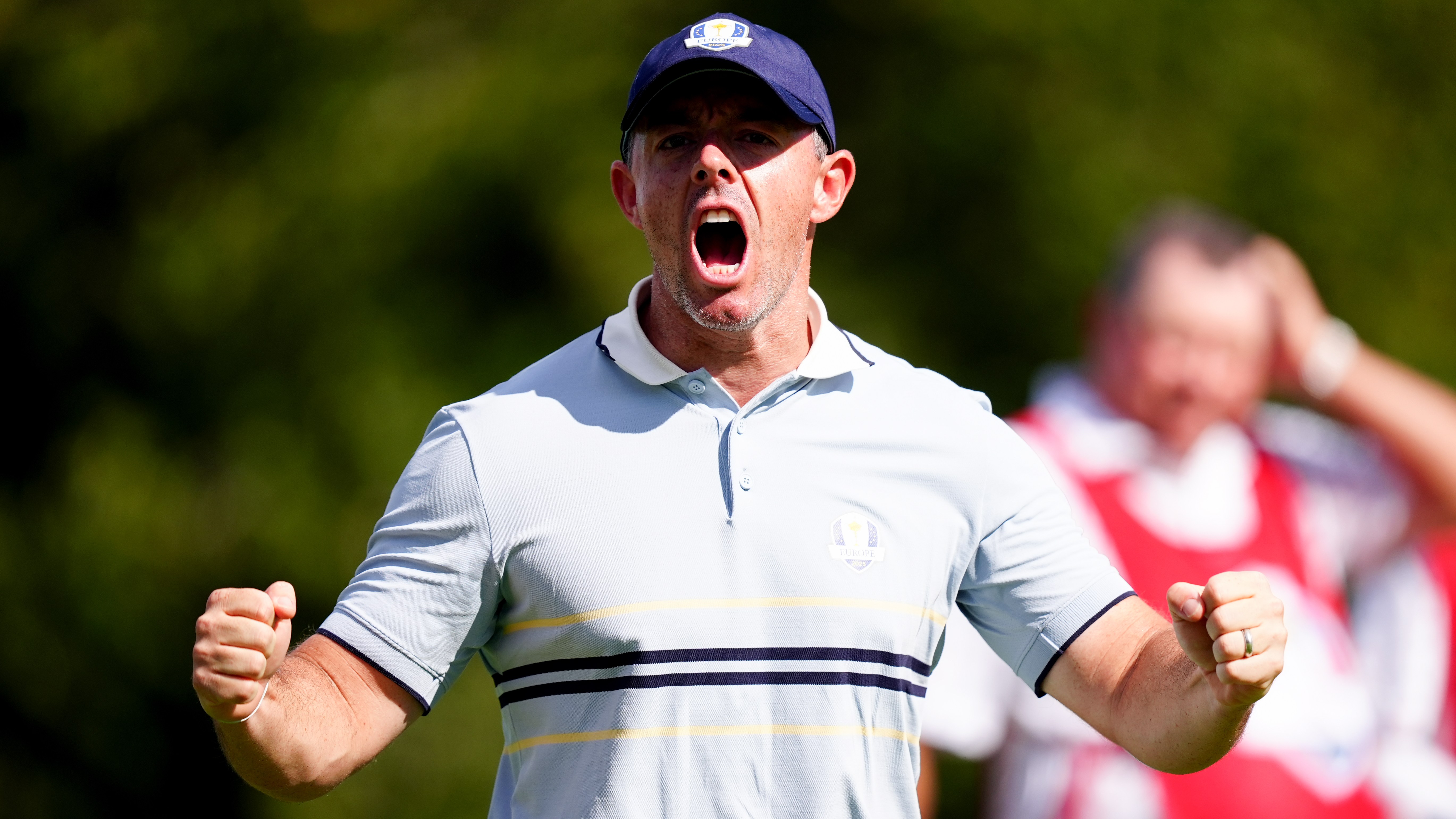 Rory McIlroy celebrates during the foursomes match at the 2025 Ryder Cup.