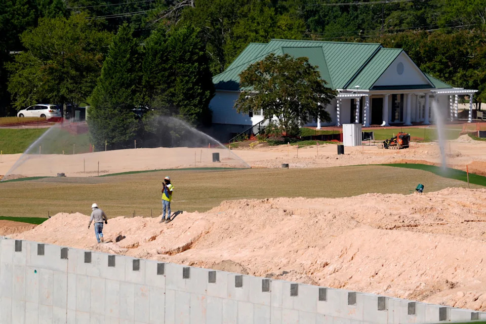 Sept 3, 2025; Augusta, Georgia, USA; Construction crews work near the new clubhouse during the media visit to The Patch. The project is on track to open in the spring of 2026. Mandatory Credit: Katie Goodale - Augusta Chronicle/USA TODAY NETWORK
