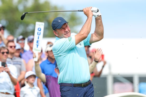 Former Professional Golfer Sir Nick Faldo hits a shot on the tenth tee during the EMC Greats of the Game exhibition event  during the second round of the Sanford International 2025 at Minnehaha Country Club on September 13, 2025 in Sioux Falls, South Dakota. 