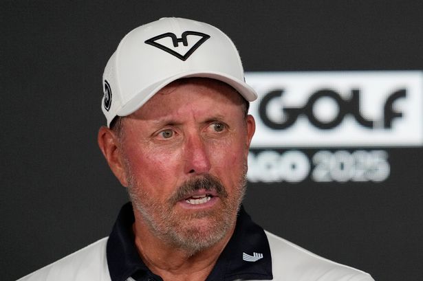 Phil Mickelson of HyFlyers GC is interviewed on day one of LIV Golf Chicago at Bolingbrook Golf Club on August 08, 2025 in Bolingbrook, Illinois. 