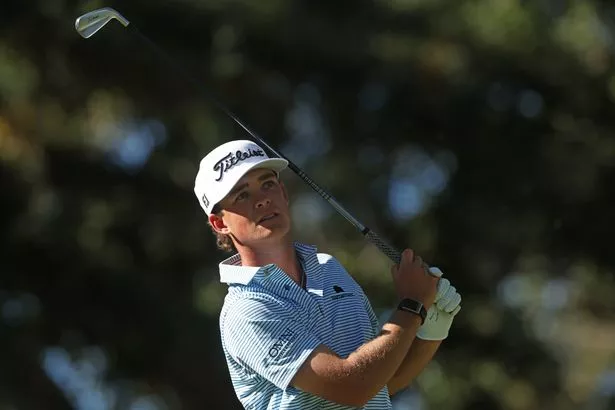Amateur Jackson Koivun plays his shot from the 14th tee during the final round of the Procore Championship 2025 at Silverado Resort and Spa on September 14, 2025 in Napa, California. 