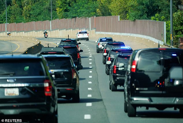 His motorcade (pictured) arrived at Trump National Golf Club in Sterling around 10am