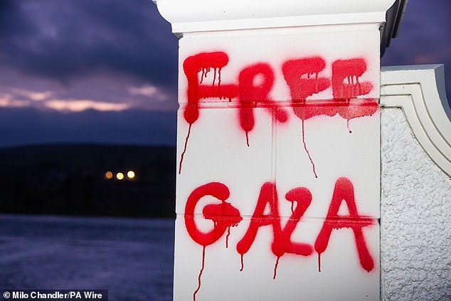 The words 'free gaza' were also spray painted in red on a wall at the resort