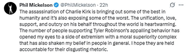 Mickelson's belief in humanity has been 'shaken' by some critics' reaction to Kirk's death