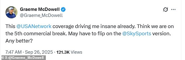 Ryder Cup legend Graeme McDowell led the chorus of complaints about USA Network's coverage