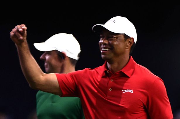 Tiger Woods of Jupiter Links Golf Club celebrates during their TGL presented by SoFi match against the Boston Common Golf at SoFi Center