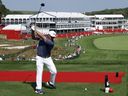 Bryson DeChambeau of Team United States plays his shot from the first tee prior to the Ryder Cup at Bethpage Black.
