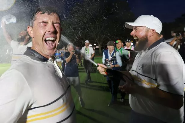 Shane Lowry (R) led Team Europe's celebrations after their Ryder Cup victory