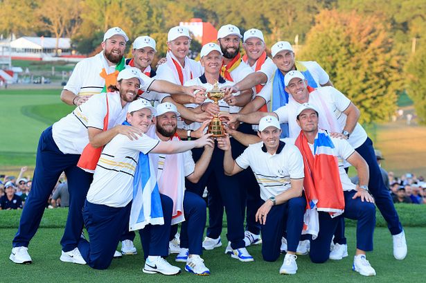 Team Europe hold the Ryder Cup trophy after defeating USA at Bethpage Black