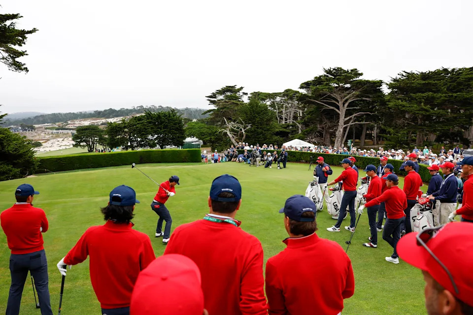 Jackson Koivun (USA) plays his tee shot on the first hole during a practice round of the 2025 Walker Cup at Cypress Point Club in Pebble Beach, Calif. on Friday, Sept. 5, 2025.